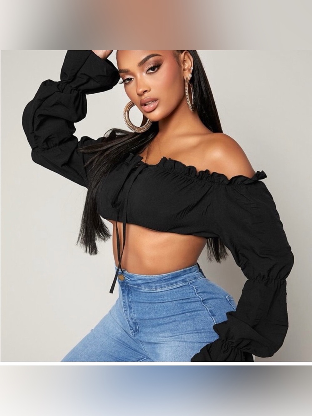 SHEIN Black Off Shoulder Tie Front Crop Top L Y2K Ruffle Bell Sleeve